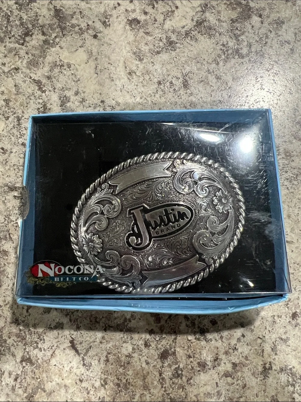 Justin Boots Silver Oval Western Belt Buckle with Rope Edge